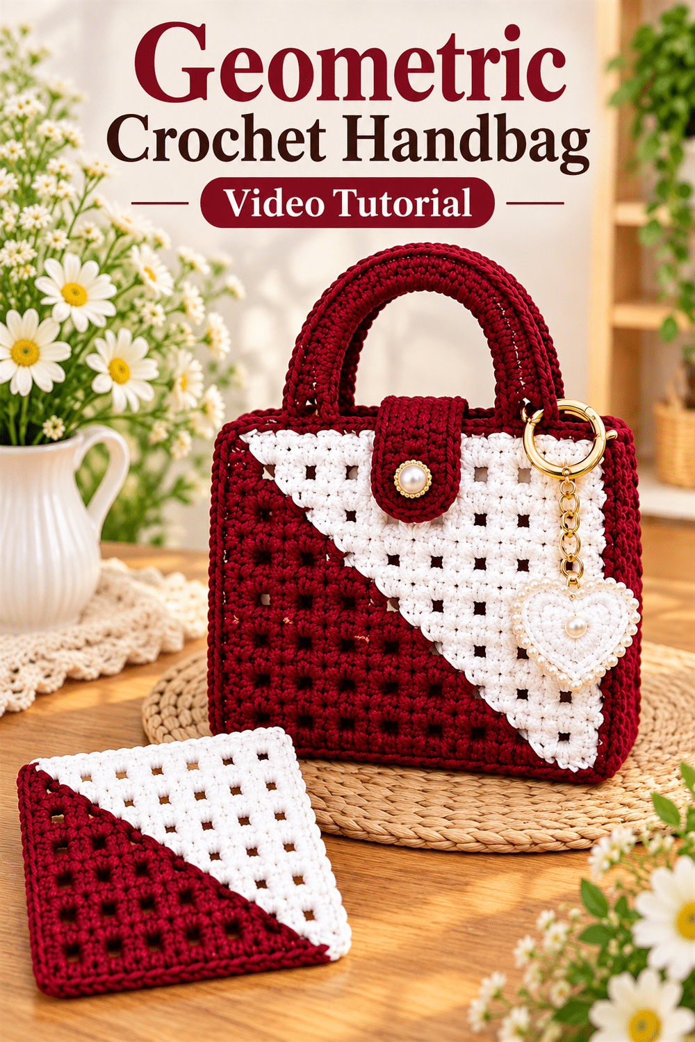 Geometric Crochet Handbag: Video Tutorial. AI-modified image.