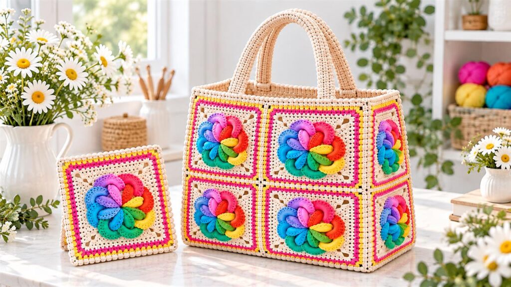 Colorful rainbow flower granny square crochet tote bag with handles