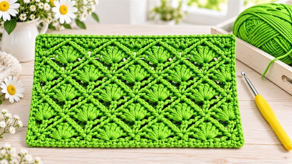 Bright-green crochet fabric with raised diamond frames and fan-shell clusters