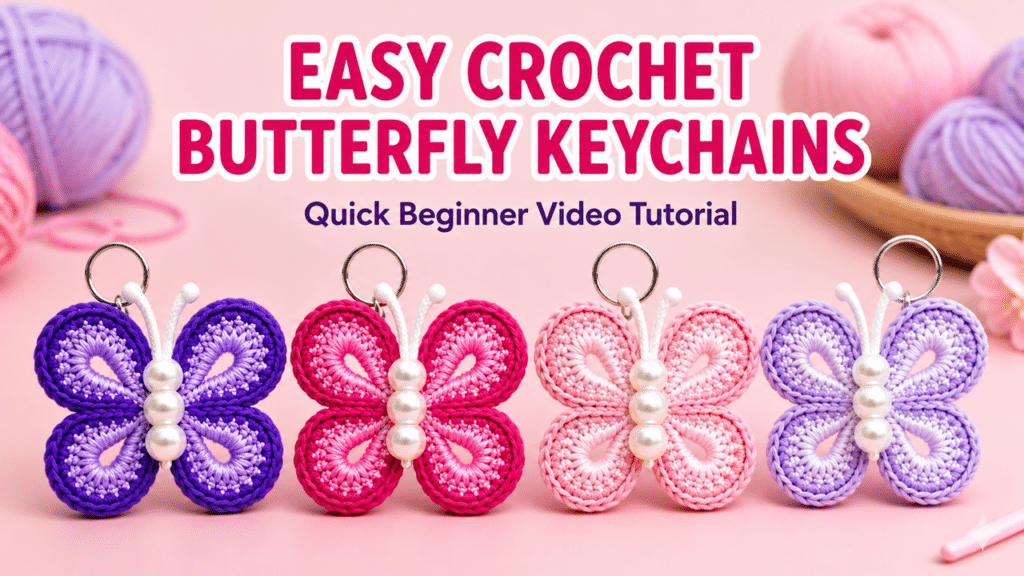 Four colorful crochet butterfly keychains on a pink craft background