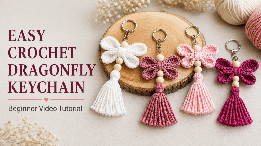 Pink and white crochet dragonfly keychains with beads and tassels