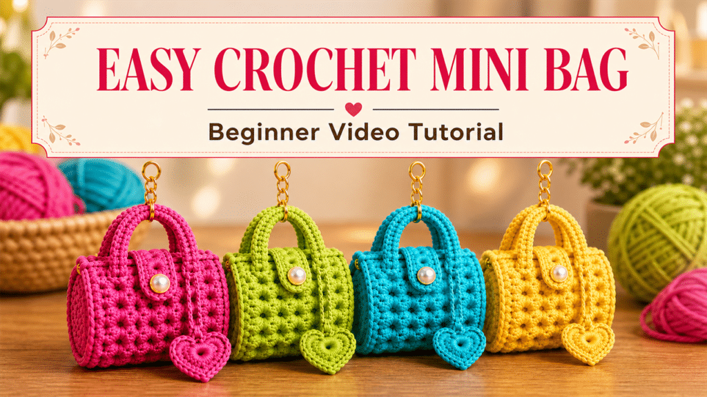 Four colorful crochet mini bag keychains in pink, green, blue and yellow with tutorial title.