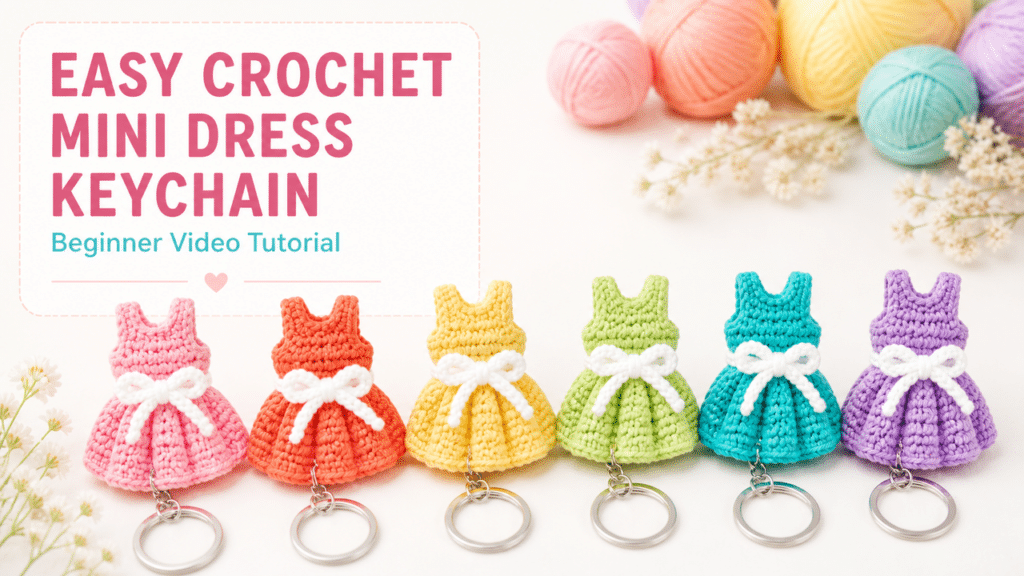 Six colorful crochet mini dress keychains for a beginner video tutorial