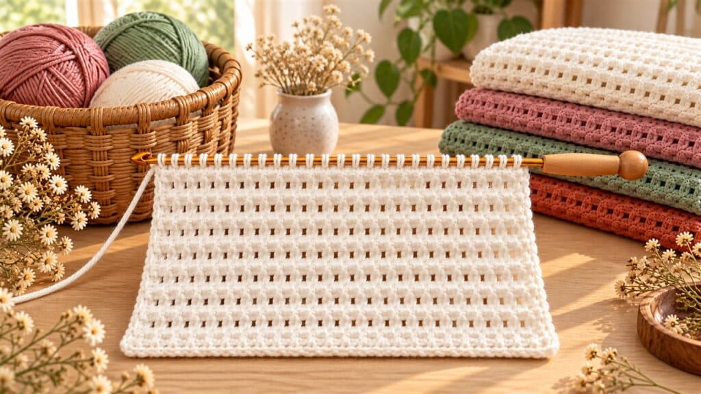 White openwork Tunisian crochet swatch on a long hook