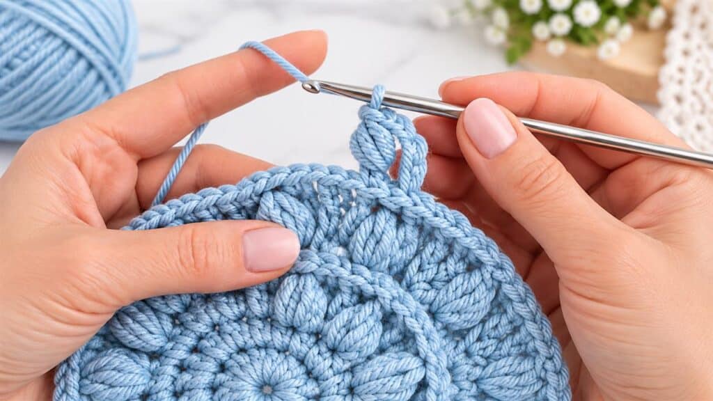 Decorative textured crochet stitch in powder blue yarn with raised loops