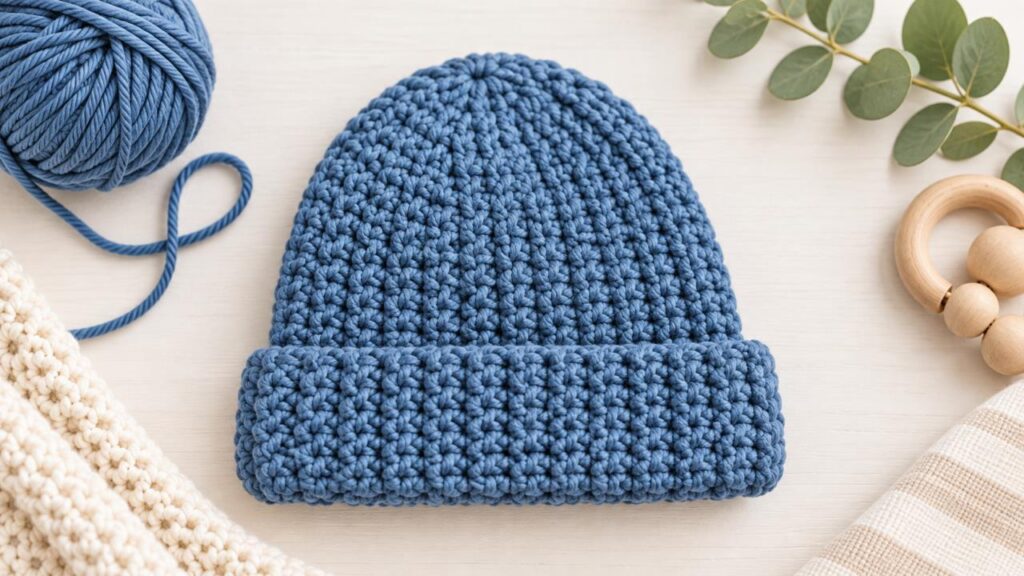 Blue crochet baby beanie with folded cuff on neutral table
