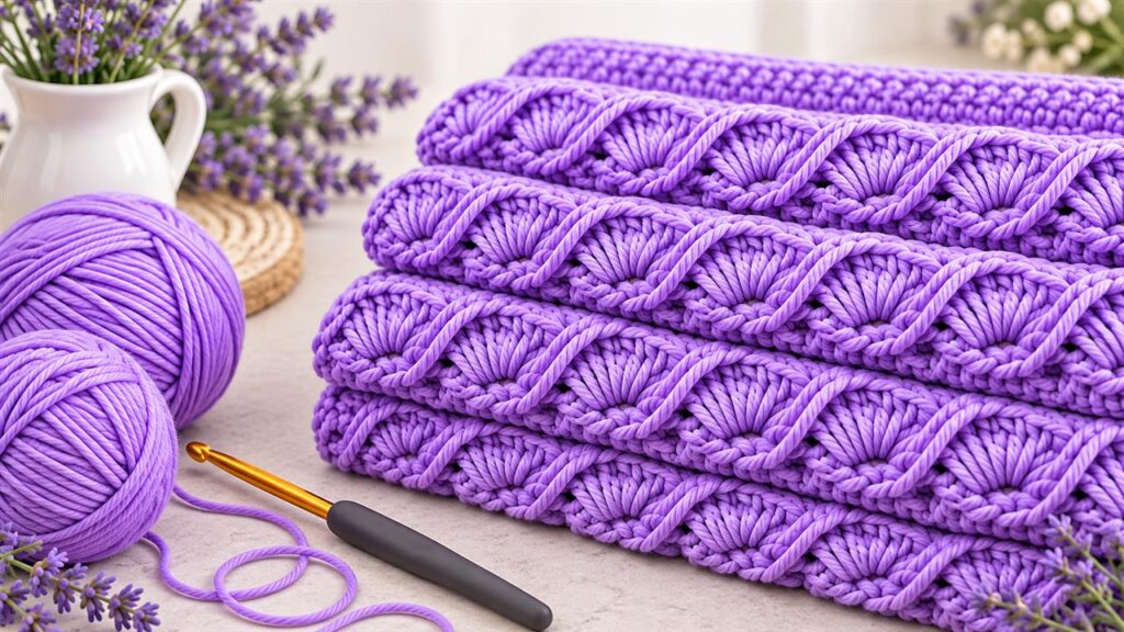 Lavender purple raised shell crochet stitch swatches with yarn and hook