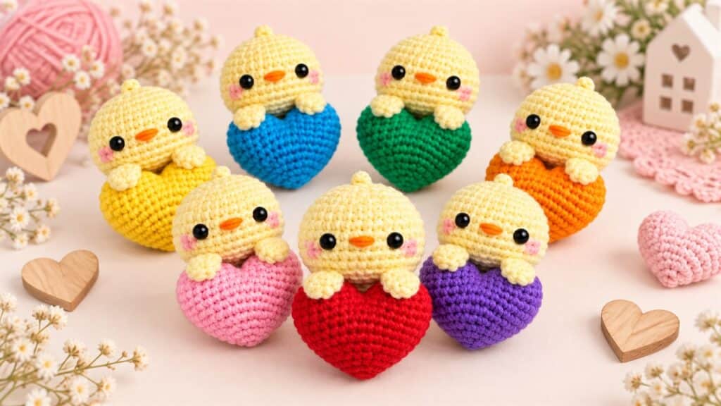 Eight cute yellow amigurumi chicks holding colorful crocheted hearts