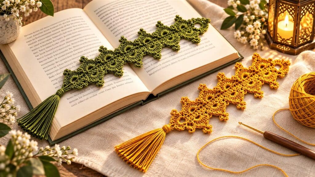 Olive-green and mustard-gold lace crochet bookmarks with tassels beside an open book