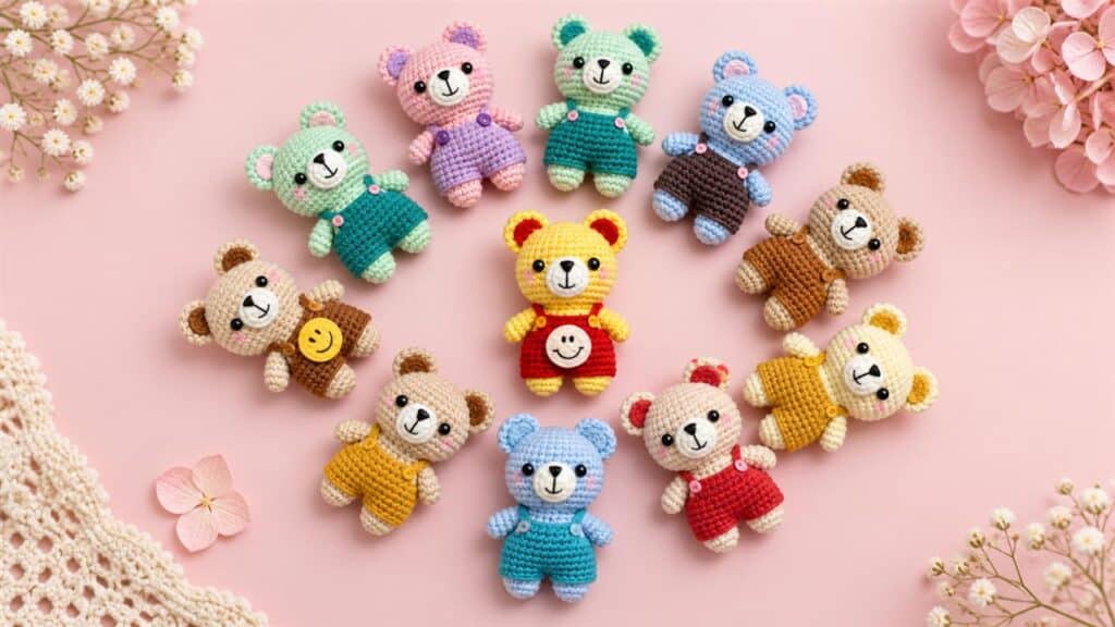Ten colorful miniature crochet teddy bears arranged in a heart shape