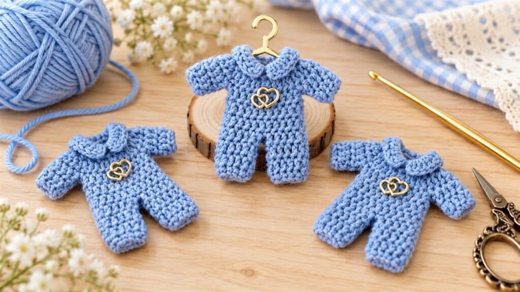 Three powder-blue miniature crochet baby romper appliqués with collars and gold heart charms