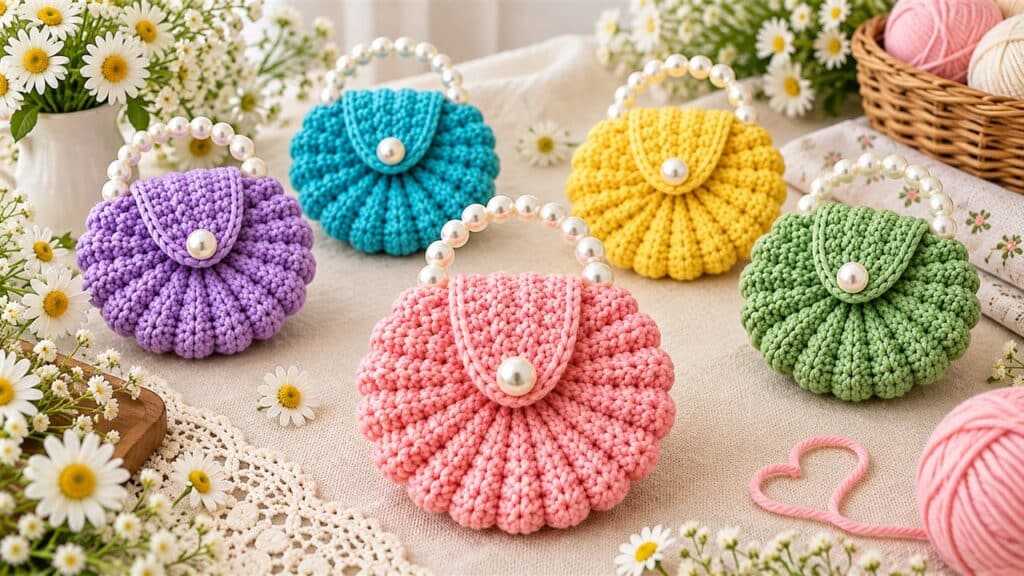Colorful miniature crochet shell purses with pearl handles and buttons
