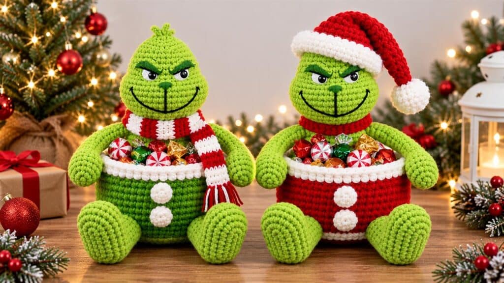 Two Grinch crochet candy baskets decorated for Christmas