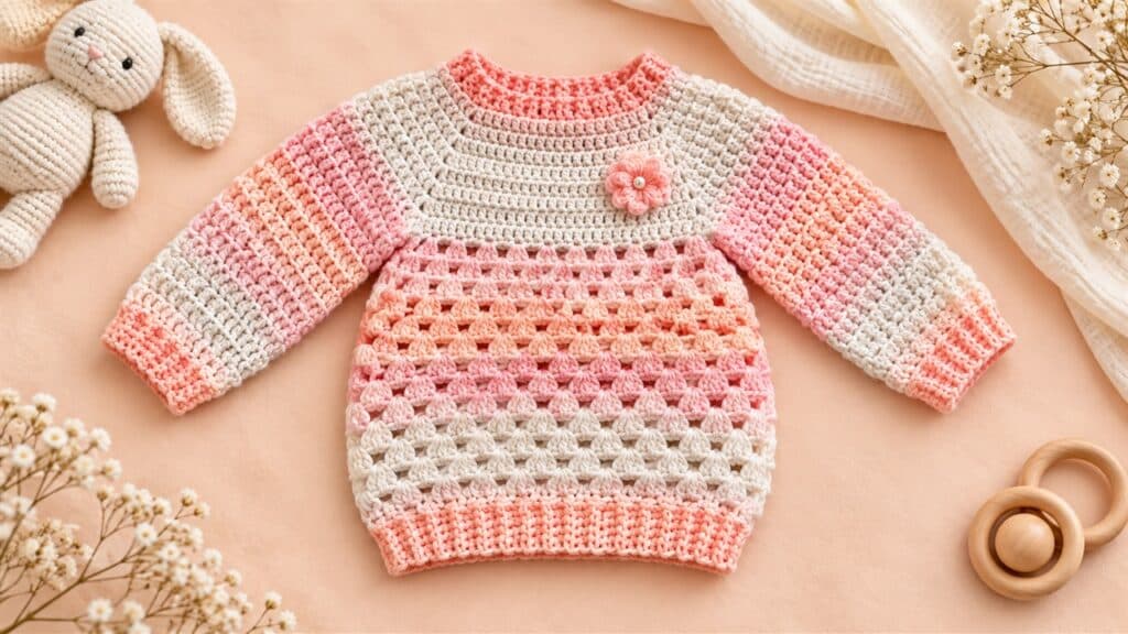 Pastel pink and ivory crochet baby sweater with round yoke and long sleeves