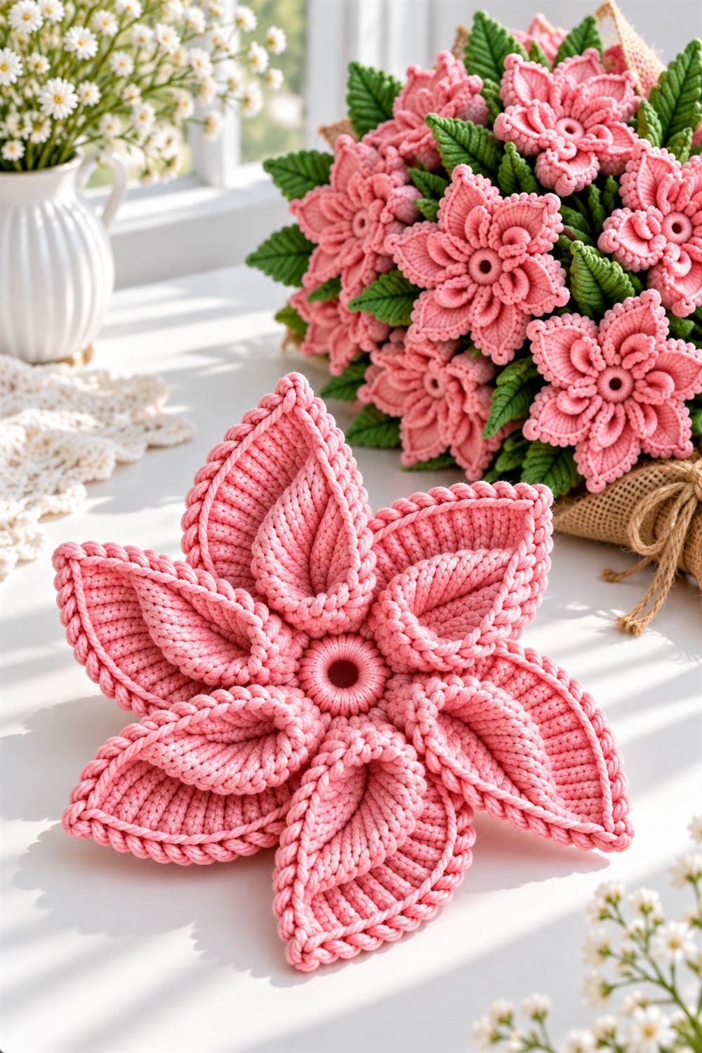Pink crochet flower with layered pointed petals beside a matching bouquet and green yarn leaves