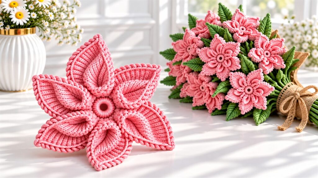 Pink crochet flower with layered pointed petals beside a matching bouquet and green yarn leaves