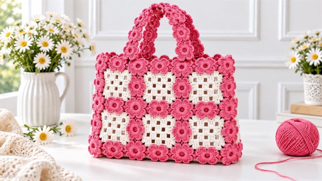 Pink flower crochet handbag with ivory open-grid granny square panels
