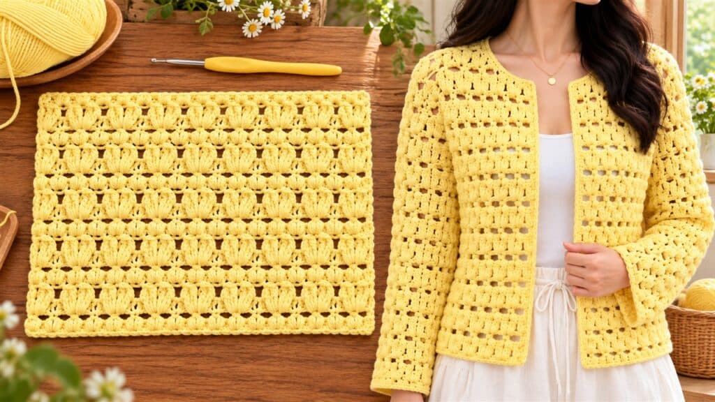 Butter-yellow puff shell crochet stitch swatch beside a lightweight handmade cardigan