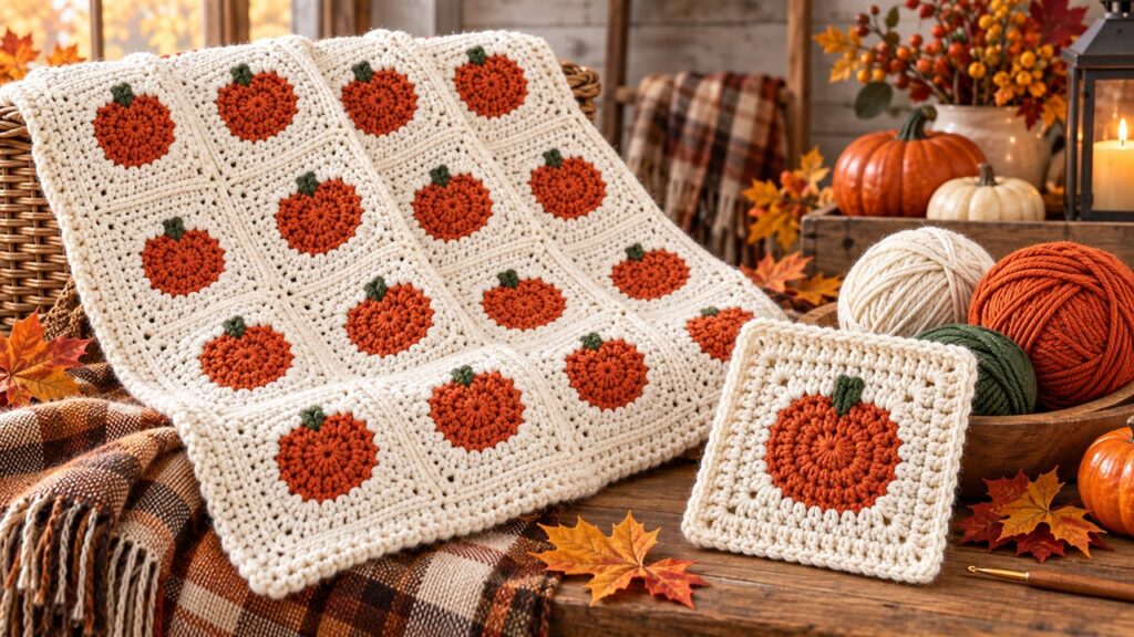Cozy cream granny square blanket with orange pumpkin motifs