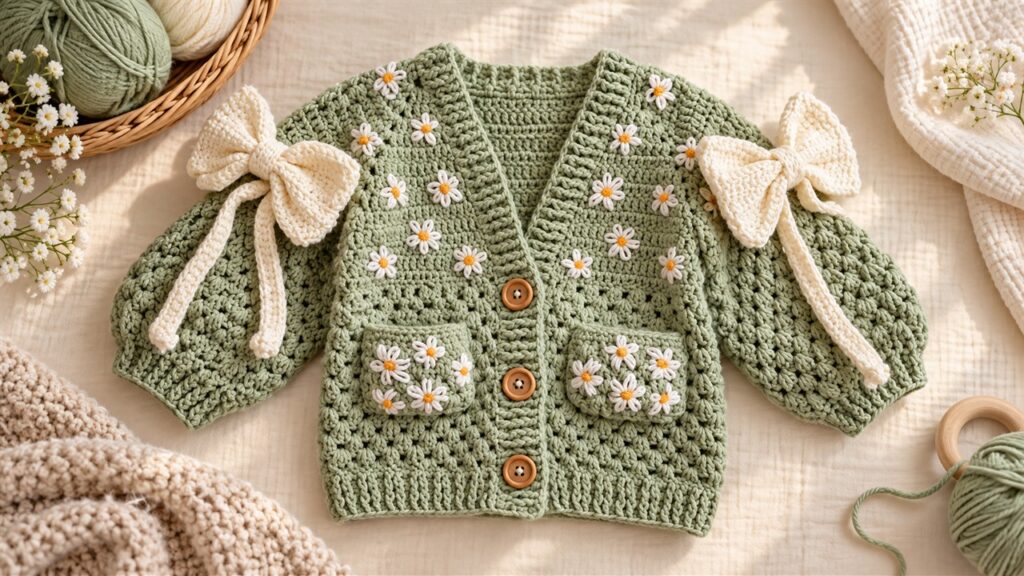 Sage-green crochet baby cardigan with daisy embroidery, ivory bows, pockets, and wooden buttons