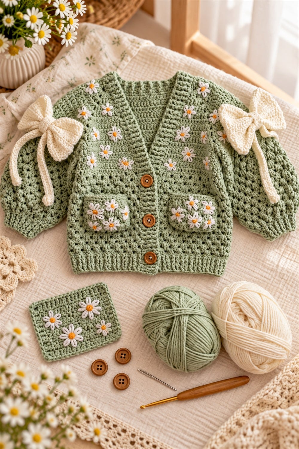 Sage Daisy Crochet Baby Cardigan Step-by-Step Video Tutorial Sage crochet baby cardigan with daisy swatch, yarn, buttons, needle, and hook