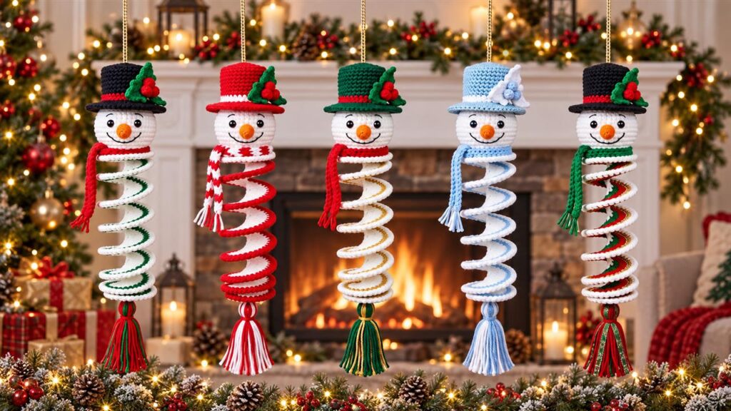 Five colorful spiral crochet snowman ornaments hanging by a Christmas fireplace