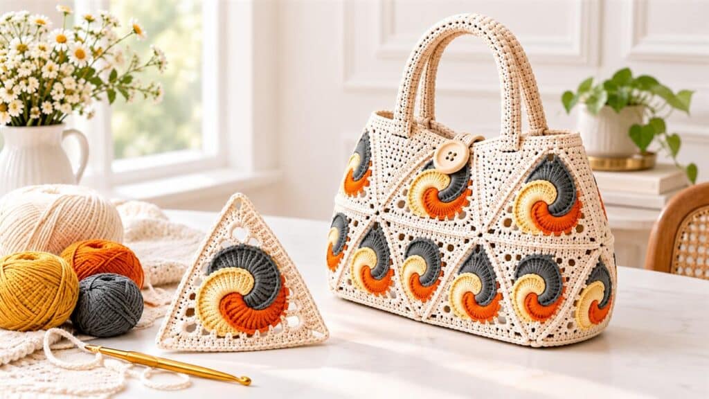 Cream crochet handbag made from yellow, orange, and gray spiral triangle motifs