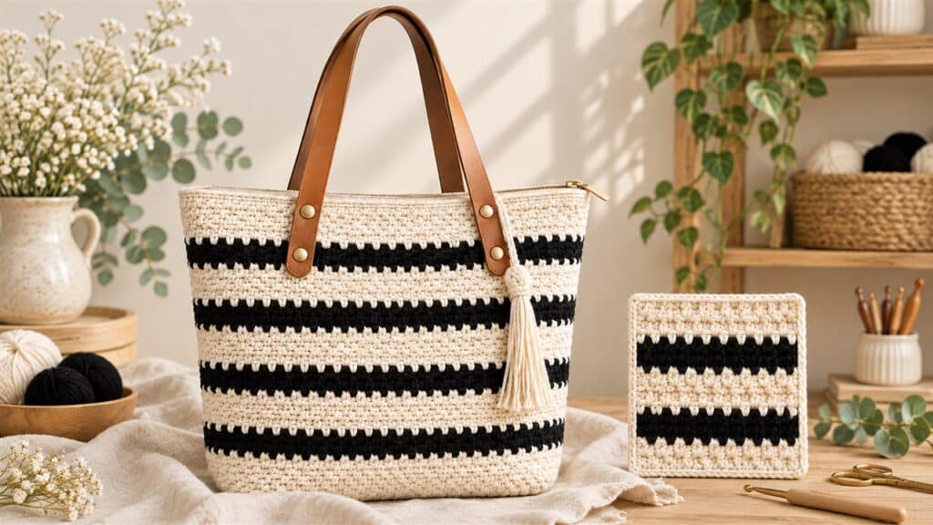 Cream crochet tote with black textured stripes and tan leather handles
