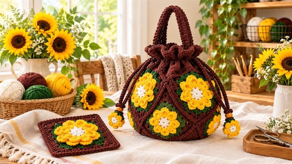 Brown drawstring crochet bag made from yellow sunflower granny squares