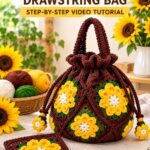 Sunflower granny square drawstring crochet bag with English tutorial text