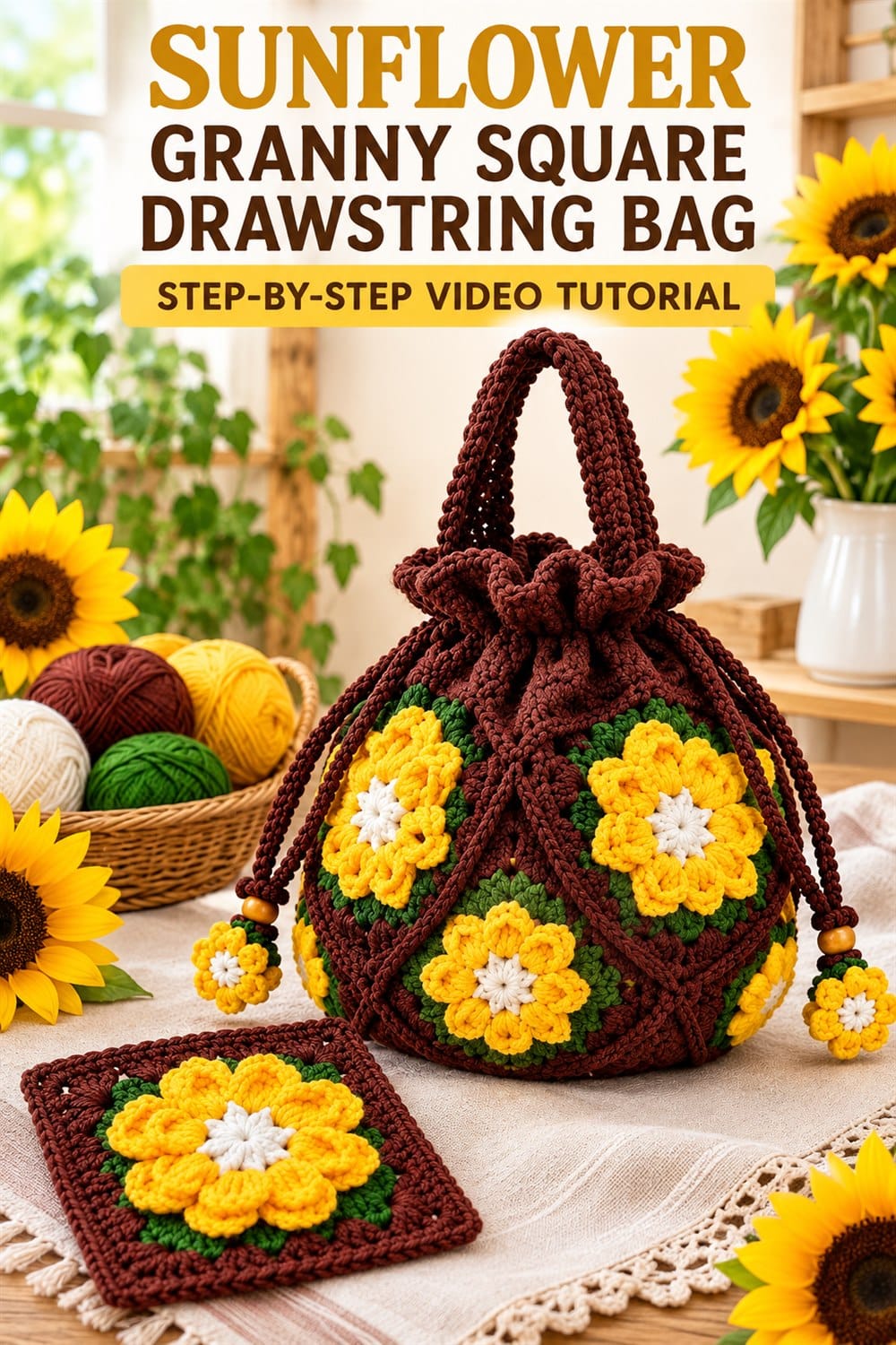 Sunflower granny square drawstring crochet bag with English tutorial text
