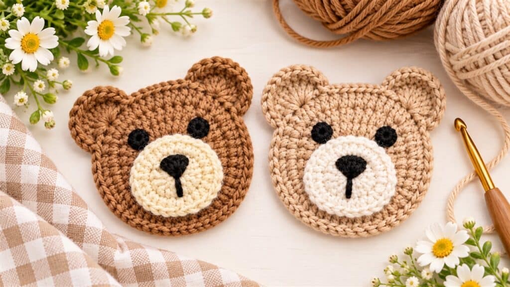 Caramel and beige teddy bear face crochet appliqués with embroidered features