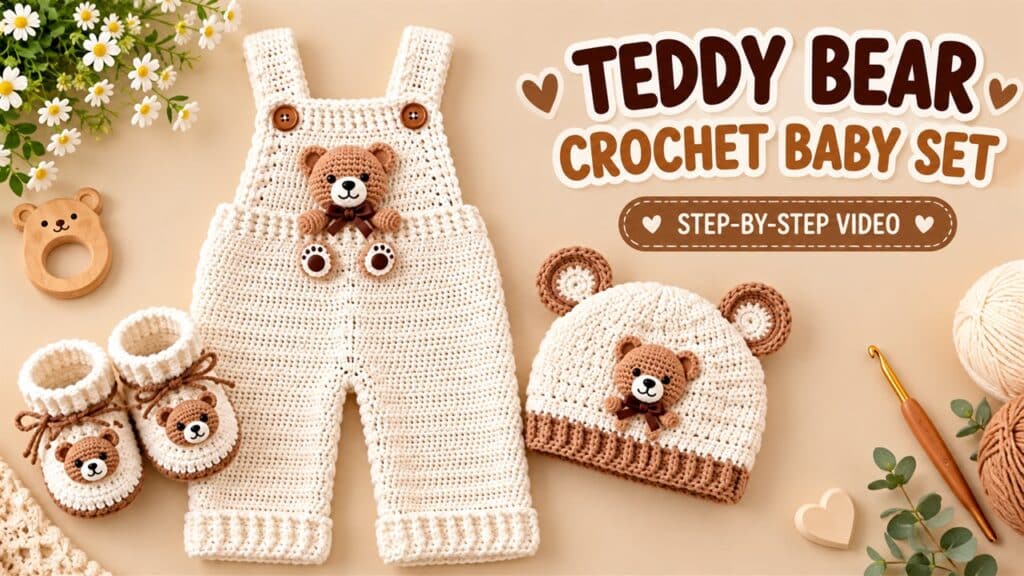 Cream teddy bear crochet baby set with overalls, bear-ear hat, booties, and crochet hook