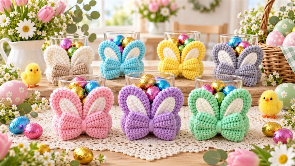 Seven pastel crochet bunny egg holders filled with colorful Easter eggs