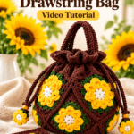 Sunflower Granny Square Drawstring Bag